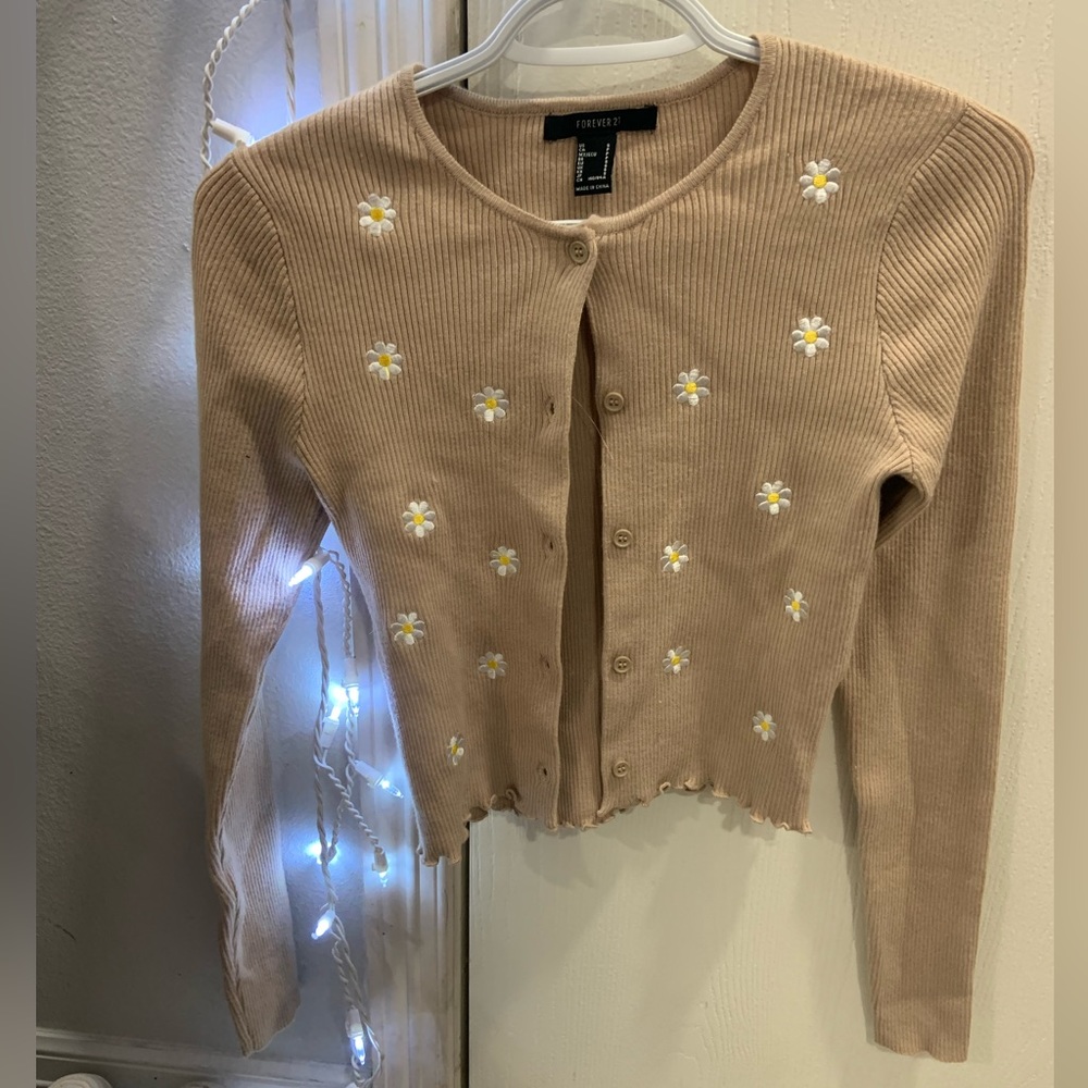 Button Up Tan Cardigan with Flowers